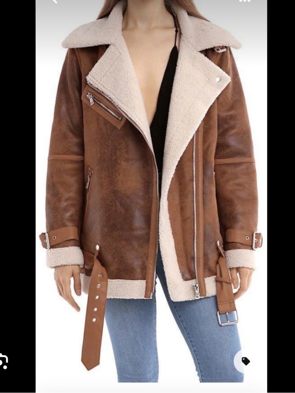 Avec Les Filles Brown Leather Oversized Sherpa Belted Biker